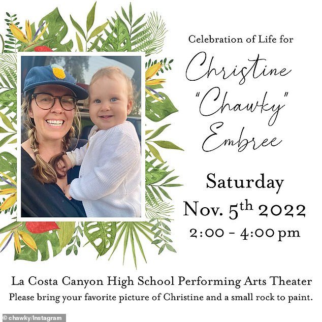 A celebration of life was held for Carlsbad's mother on November 5, 2022, where guests were invited to bring a favorite photo of Christine and a small rock to paint, an ode to her creativity