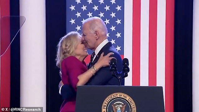 After finishing his speech, Biden turned to leave the stage but was intercepted by his wife, first lady Jill Biden, who rushed over and whispered in his ear.