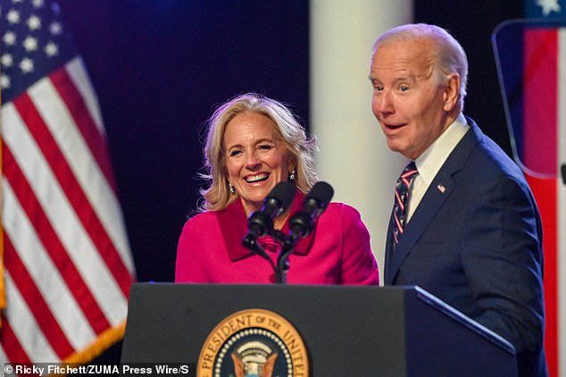 Jill Biden tried to pull her husband off stage, but Biden continued to speak despite music playing