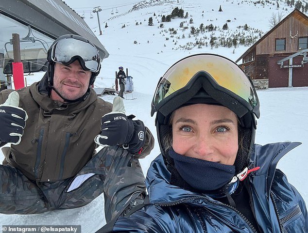 The Interceptor star recently dismissed claims that she and husband Chris (left) are 'driving apart' by posting a few loved-up photos from a recent ski trip together