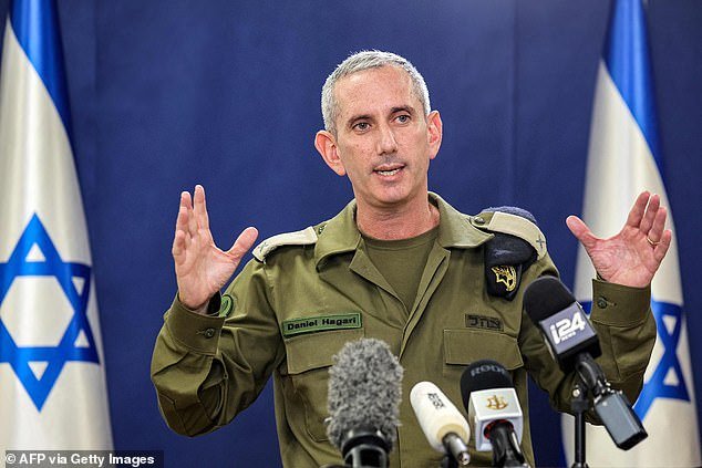 (FILES) Israeli army spokesman Daniel Hagari addresses the press on October 18, 2023 from The Kirya, where the Israeli Ministry of Defense is based in Tel Aviv