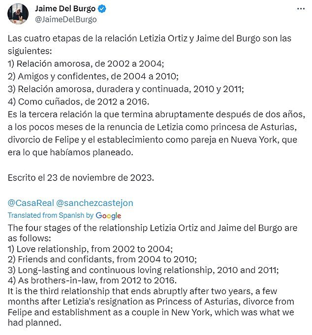 On Boxing Day, Jaime shared with his 23,000 followers the 'four stages of the relationship' with Letizia