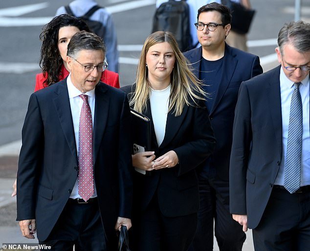 Brittany Higgins, pictured outside the Federal Court in December, claims Lehrmann raped her at Parliament House in 2019.  He denies the accusation