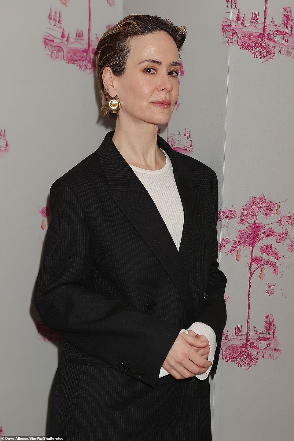 Paulson wore large gold earrings, a black pantsuit over a ribbed white top and black kitten heels selected by stylist Karla Welch