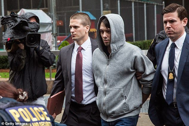 Pharma Bro Shkreli was arrested in Manhattan in 2015 on charges of securities fraud.  A judge later sentenced the former pharmaceutical industry executive to seven years in prison, but he served only five years because he was released early for good behavior.