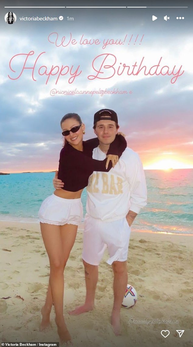 She also shared a photo of Nicola and Brooklyn Beckham posing against the beautiful sunset as they enjoyed a sunny holiday away