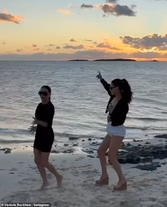 The video showed Nicola impressively dancing in the sand with sky-high wedges, while her mother-in-law took the safer option and went barefoot