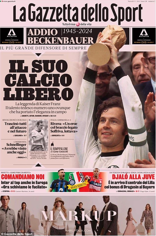 Italian sports newspaper Gazzetta paid Beckenbauer the ultimate tribute by calling him the 'greatest defender of all time'