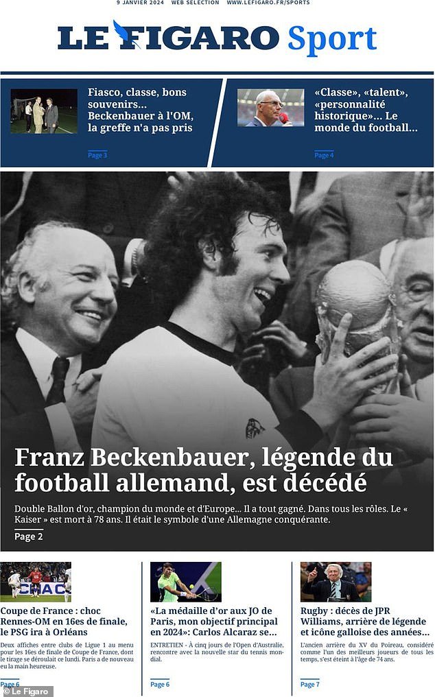 Le Figaro said he was 'the symbol of a dominant German team' as part of their tribute