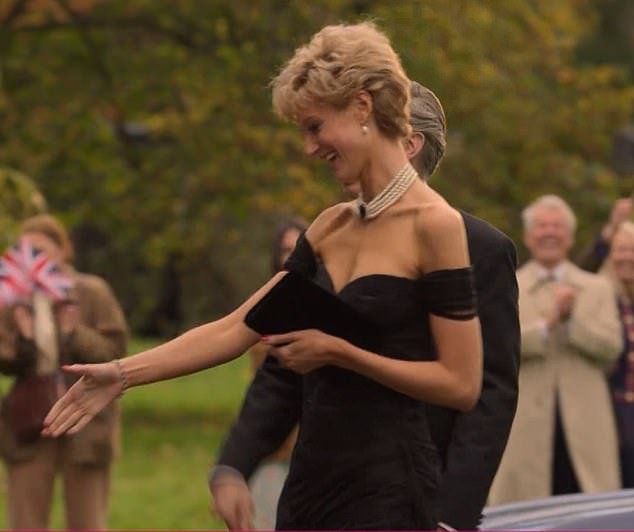 Pictured: Elizabeth Debicki was seen wearing a replica of Princess Diana's revenge dress in season five
