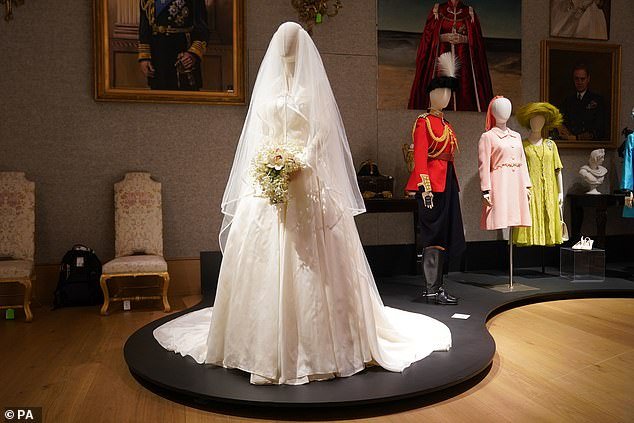 Pictured: a replica of Princess Margaret's wedding dress from season two of the hit Netflix series