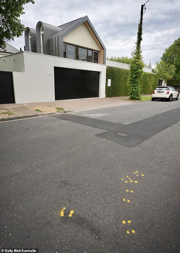 The scene of the accident, marked by police in yellow, was just meters around the corner from where Melissa Hoskins lived with husband Rohan Dennis and their two young children.