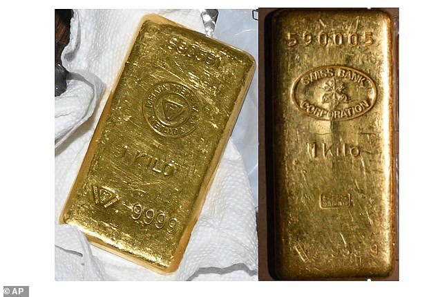 Two of the gold bars found during a search by federal agents of Senator Bob Menendez's home and safe