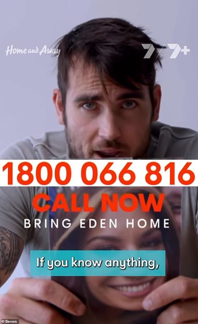 But the cliffhanger finale concluded with a public plea from Cash (pictured) urgently asking for help in locating Eden, as a mysterious 1800 phone number flashed on the screen.
