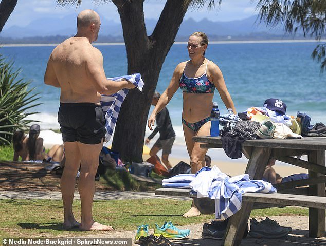 Zara looked in her element on the New South Wales beach with husband Mike