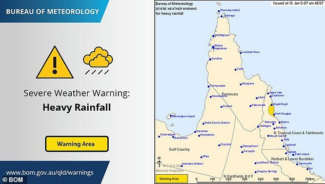 A severe weather warning was issued for parts of the tropical north coast around Port Douglas on Friday for heavy rainfall with a risk of flash flooding.
