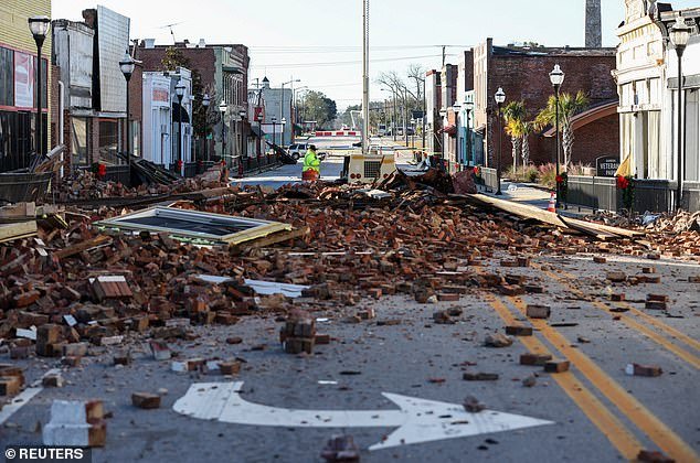 Fallen rocks along the main road, a day after a tornado hit the town of Bamberg