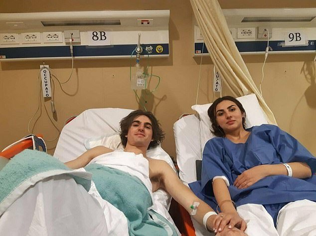 Newlyweds Paolo Mugnaini and Valeria Ybarra, both 26, (pictured together) spent their wedding night in hospital alongside many of their friends, with around 40 partygoers reportedly requiring medical treatment
