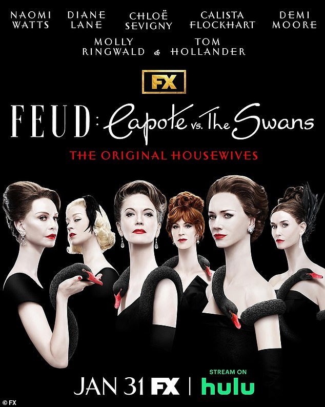 Moore, far right, with - from left, Calista Flockhart, Chloe Sevigny, Diane Lane, Molly Ringwald, Naomi Watts in Feud: Capote Vs.  The Swans starts on January 31st