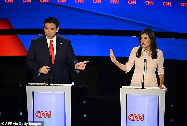 Florida Governor Ron DeSantis (left) and former UN Ambassador.  Nikki Haley (right) got into a tense exchange Wednesday night during the GOP debate in Des Moines about whether the U.S. should continue to fund the war in Ukraine