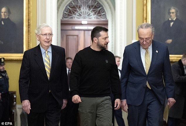 Republican Senate Majority Leader Mitch McConnell – seen last month with President Zelensky and Senate Majority Leader Chuck Schumer at the Capitol – told his senators that talks on a new aid package to Ukraine are going nowhere.
