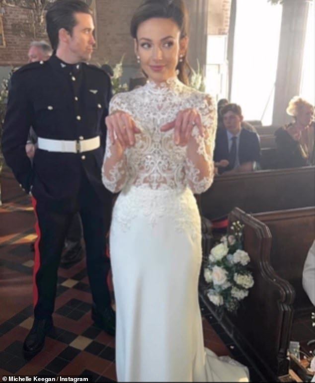 The former Coronation Street star shared a series of selfies in a lace wedding dress with satin skirt as the crew filmed scenes from the wedding ceremony