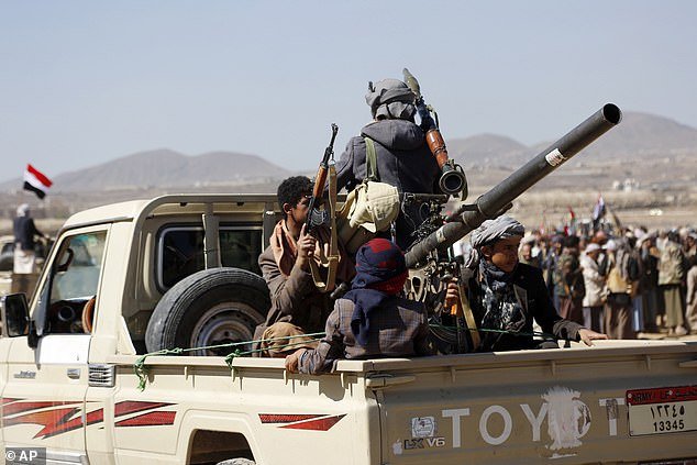 A Houthi rocket launcher was spotted at a rally in Yemen on Sunday