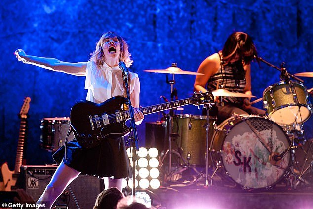 Carrie Brownstein and Janet Weiss of Sleater-Kinney perform at the Civic Theater in New Orleans, Louisiana on April 19, 2015