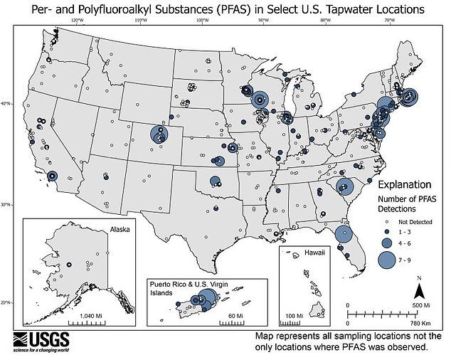 The map compiled by the US Geological Survey shows the number of PFAS detections in a wide range of locations nationwide between 2016 and 2021.