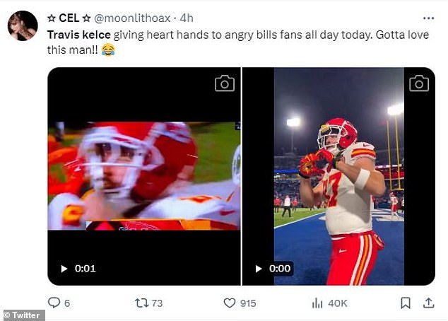 Another person mused, “Travis Kelce is giving hearty hands to angry Bills fans all day today.  Gotta love this man!!”