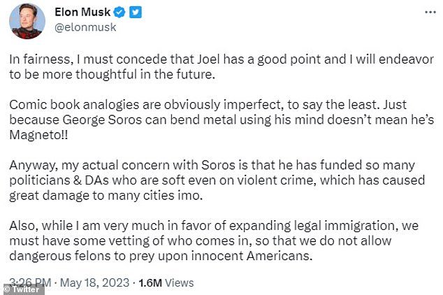 Musk has also been accused of contributing to anti-Semitic conspiracy theories involving liberal philanthropist George Soros