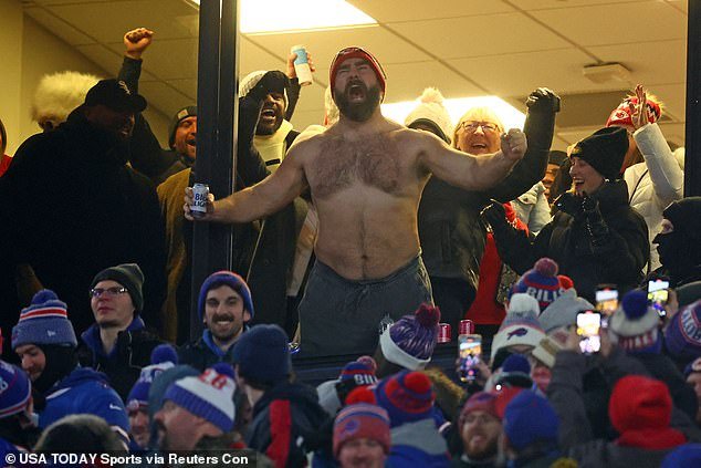 A shirtless Jason Kelce celebrated wildly as Travis scored his first touchdown