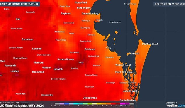 A severe heatwave will hit parts of Brisbane (above) with high cloud cover, tropical low temperatures and ocean heat worsening humidity