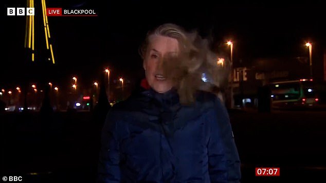 Meanwhile, for BBC Breakfast, Ms Barbour appeared winded as she said: 'The wind is still very strong and the waves are still very rough'