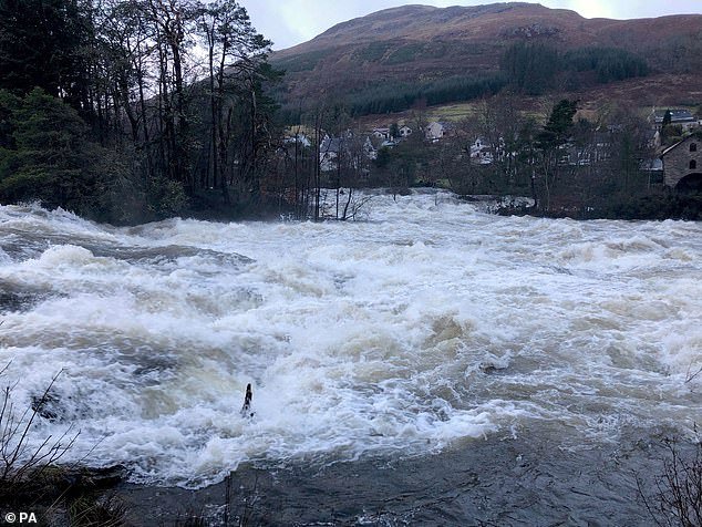 Water at Dochart Falls in Killin, Stirling, after Storm Isha blew through the area overnight
