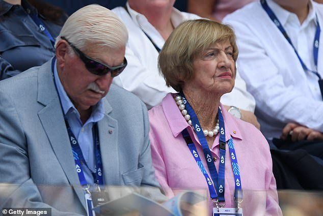 Margaret Court and her husband Barry attended the quarter-final of the women's three-set thriller between American Coco Gauff and Ukrainian opponent Marta Kostyuk