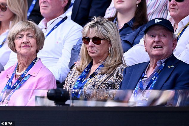 Margaret Court (left) looked on alongside Susan Johnson and fellow legend Rod Laver (right)
