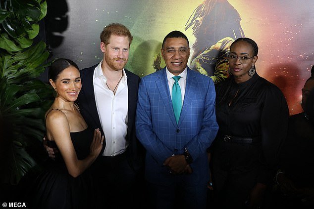 Harry and Meghan also posed with Jamaica's Prime Minister Andrew Holness and his wife Juliet.  Holness is currently trying to oust Harry's father, King Charles, as the country's head of state