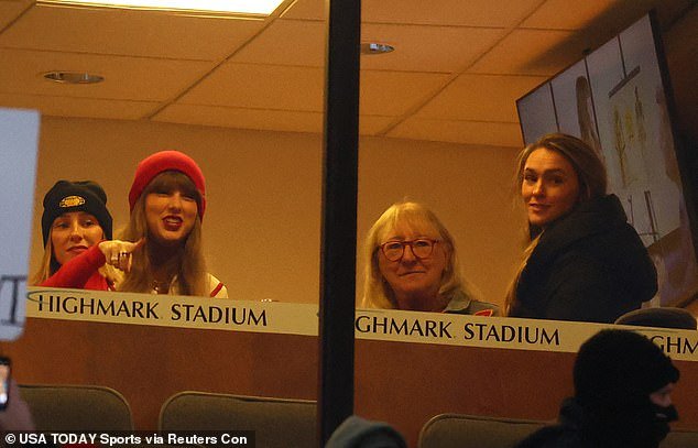 The star was also pictured in the suite alongside Kylie (right) and Donna Kelce (second right)