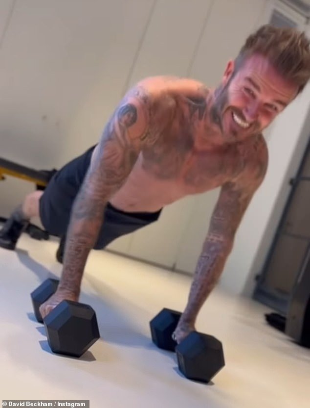 David couldn't resist putting his eldest son Brooklyn in his place as they both shared workout videos on Instagram on Thursday