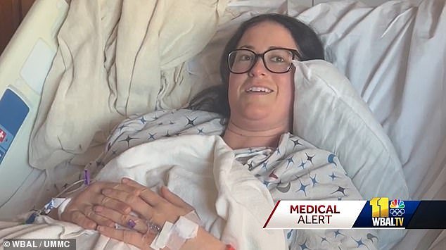 Eileen is seen in a hospital bed as she recovered from her second transplant surgery that she did for her mother