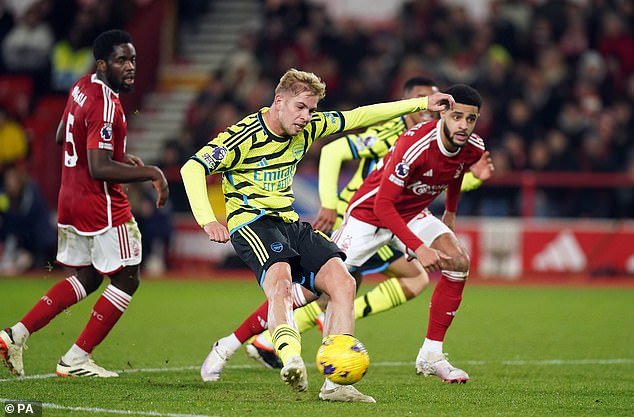 Arsenal striker Emile Smith Rowe has a shot on target in the first half at the City Ground