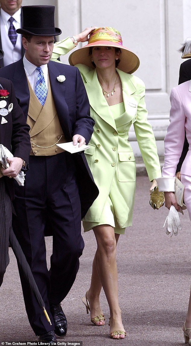 Prince Andrew pictured with Ghislaine Maxwell at Ascot in 2000. Maxwell is now behind bars after being convicted of child sex trafficking