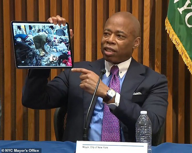 Eric Adams claimed on Wednesday that New York isn't as bad as LA's Skid Row – and held up an unflattering photo of the infamous Los Angeles location as supposed proof