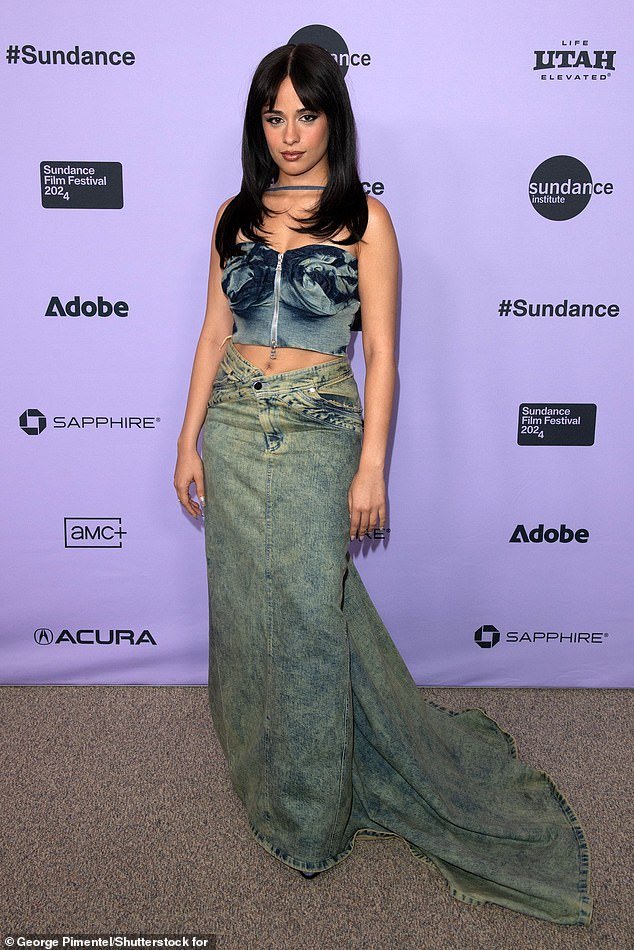 Camila Cabello looked sensational in a long acid-washed denim skirt with train at the Sundance Film Festival in Park City, Utah