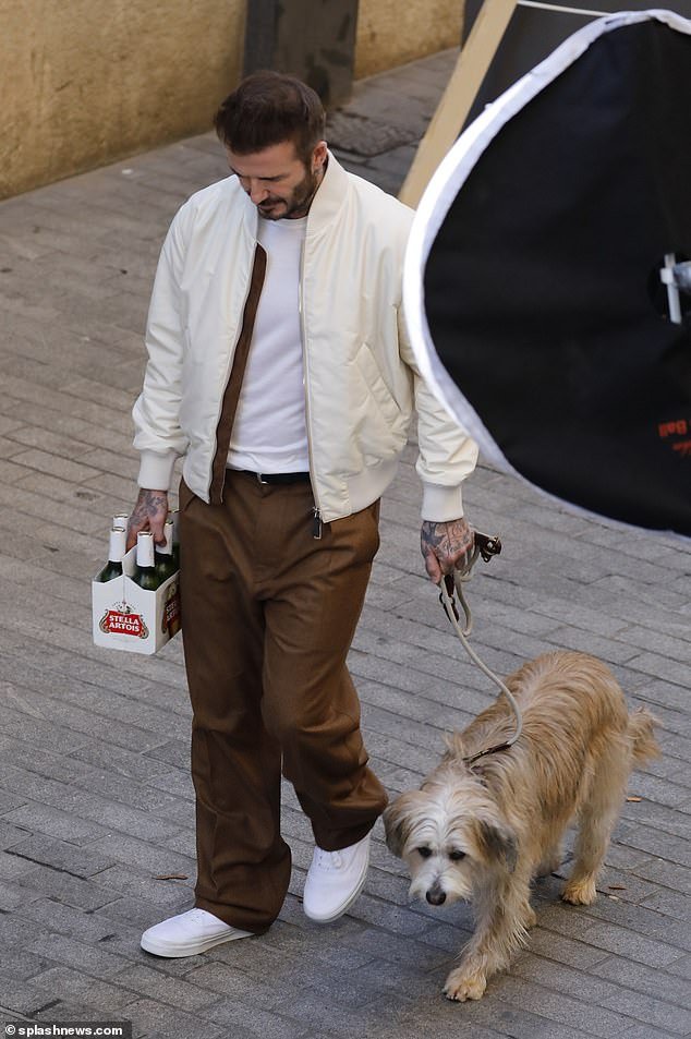 Beckham, 48, who is worth an estimated £372million, was seen holding six bottles of lager as he walked a dog