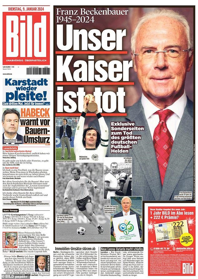 The death of German football legend Franz Beckenbauer, aged 78, dominated headlines across Europe on Tuesday - German tabloid Bild said: 'Our Kaiser is dead'