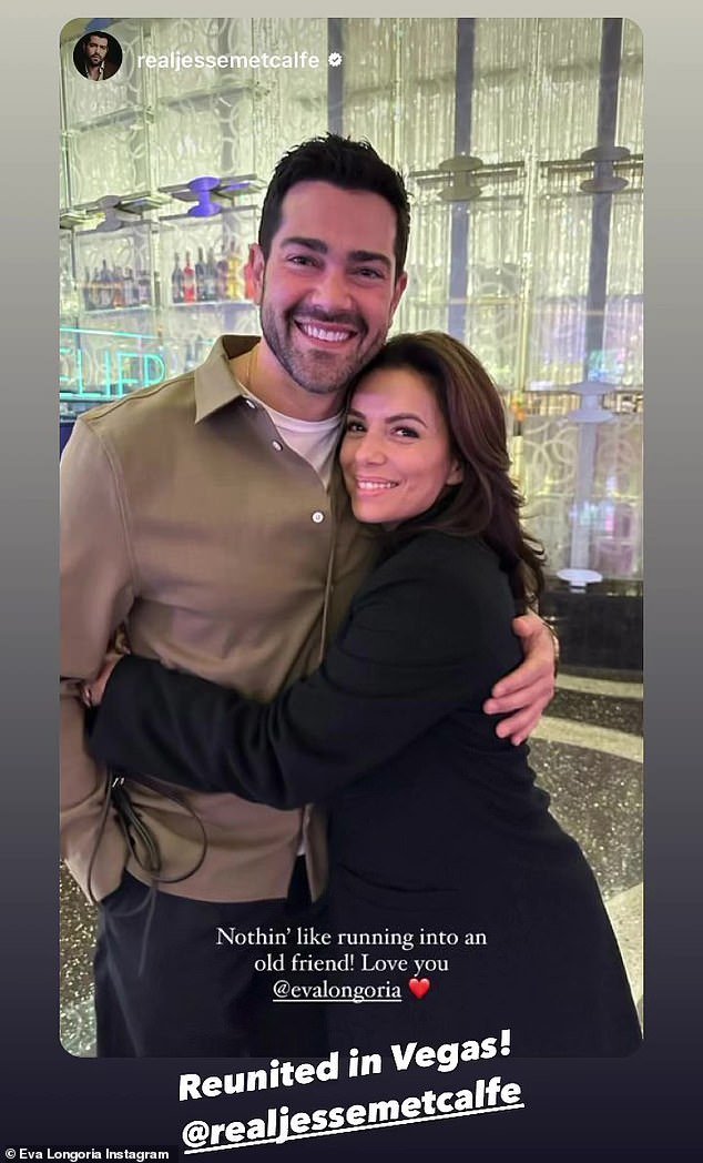 Eva Longoria, 48, reunited with her former Desperate Housewives co-star Jesse Metcalfe, 45, as the pair paused for a quick photo after running into each other in Las Vegas