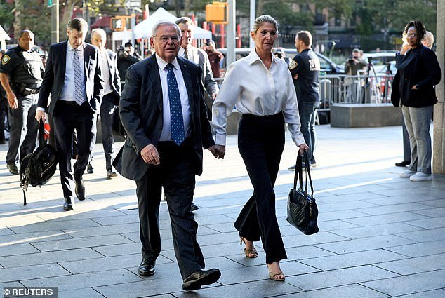 Senator Robert Menendez, Democrat of New Jersey, and his wife Nadine Menendez arrive at Federal Court for a hearing on bribery charges related to an alleged corrupt relationship with three New Jersey businessmen