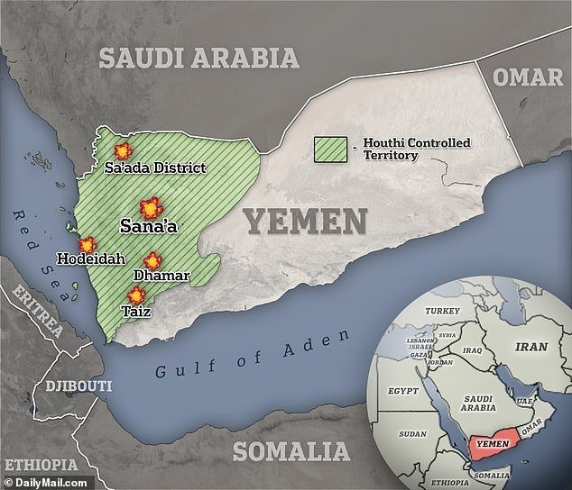 A map of Yemen including the area controlled by the Houthi rebels